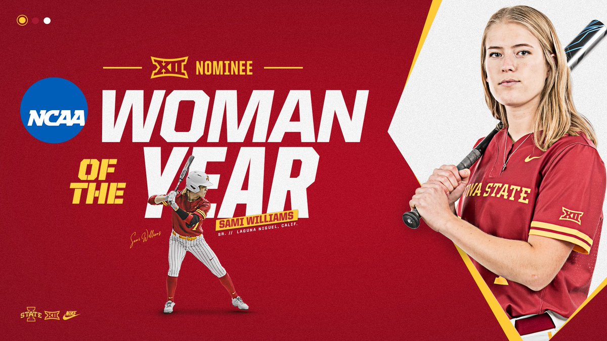 Iowa State Softball (@cyclonesb) on Twitter photo Another big honor for <a href="/sami_williams25/">sami williams</a>.
Williams is one of two <a href="/Big12Conference/">Big 12 Conference</a> Nominees for the NCAA Woman of the Year Award.
Congrats, Sami!
#Cyclones 🌪🥎️
📰: bit.ly/2W3qdog Another big honor for <a href="/sami_williams25/">sami williams</a>.
Williams is one of two <a href="/Big12Conference/">Big 12 Conference</a> Nominees for the NCAA Woman of the Year Award.
Congrats, Sami!
#Cyclones 🌪🥎️
📰: bit.ly/2W3qdog