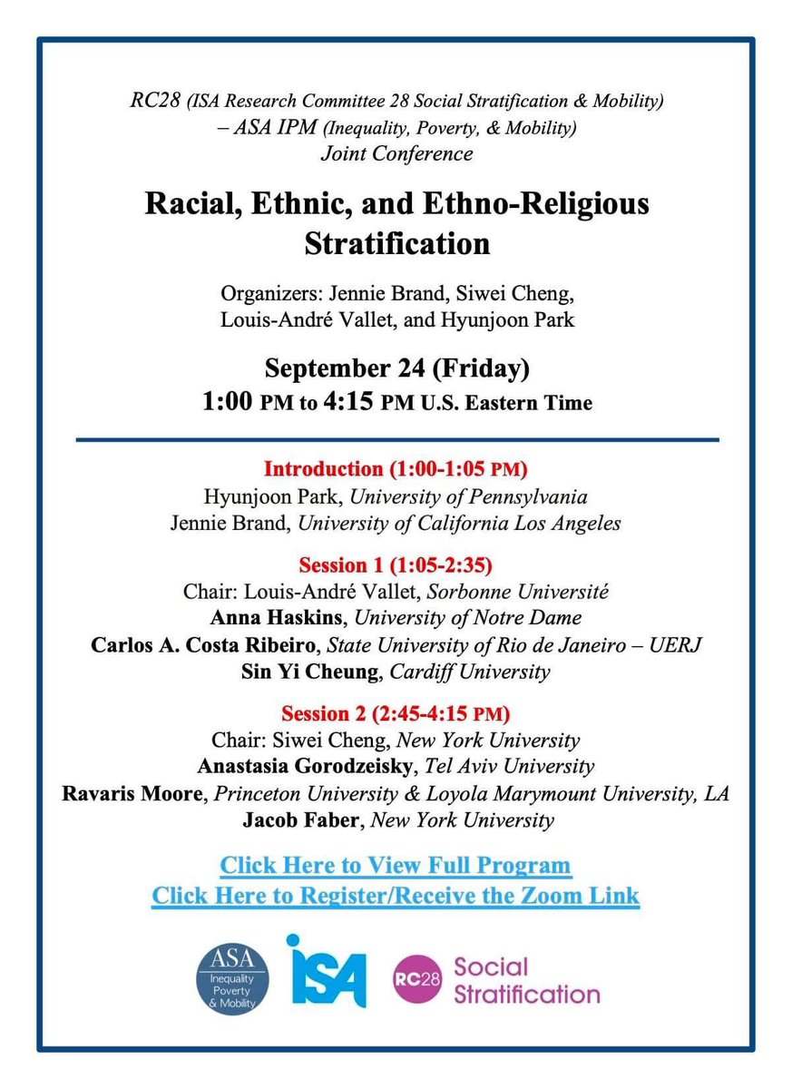 RC28 - ASA IPM Joint Conference, open to everyone!
Program link: tinyurl.com/rc28ipmprogram
Zoom link: tinyurl.com/rc28ipmregister