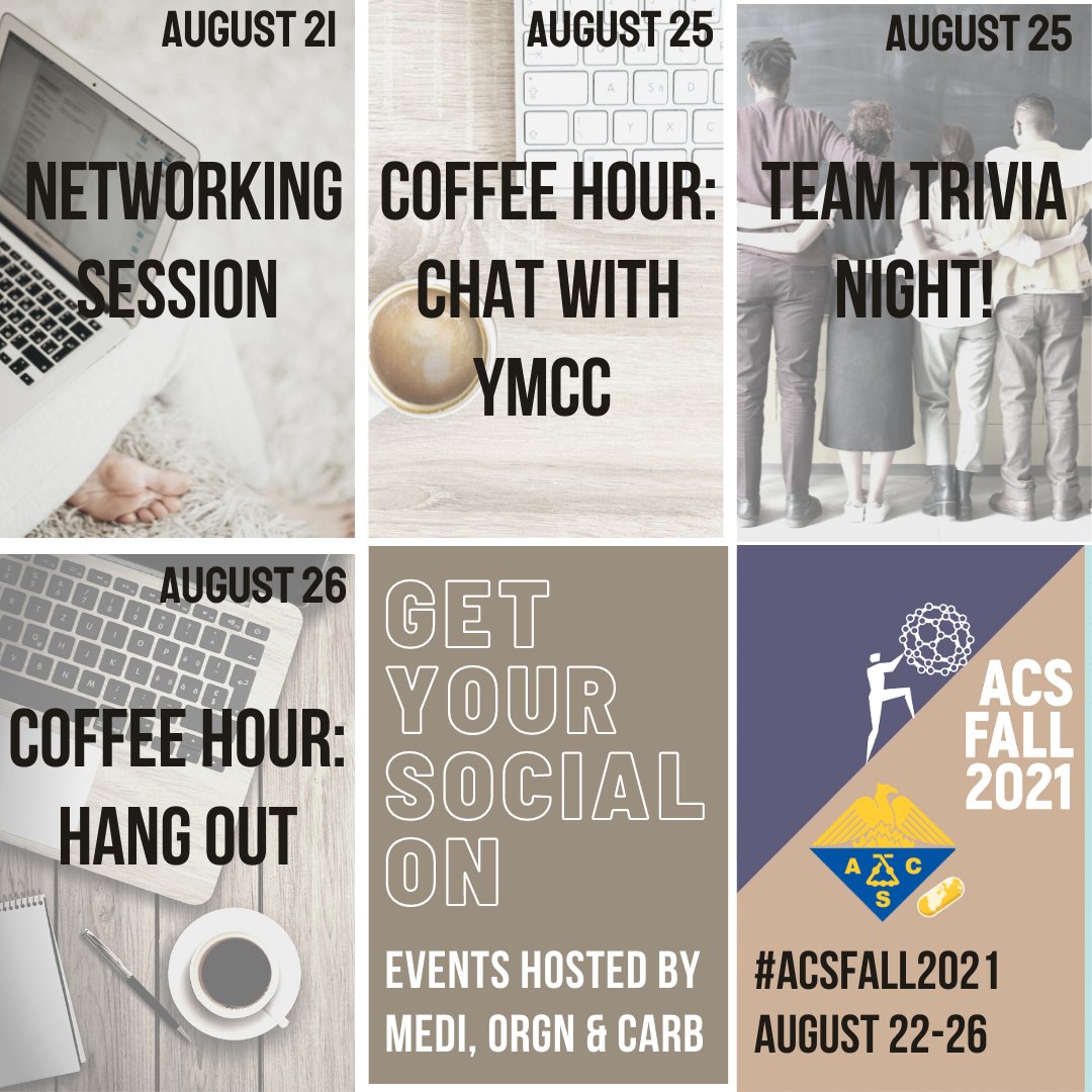 ACS Division of Medicinal Chemistry (@acsmedi) on Twitter photo MEDI YMCC has teamed up with <a href="/ACSorganic/">ACS Organic Division</a> and CARB to organize some great social programming for #ACSFALL2021 starting in less than a week! Stay tuned for more info on all of our virtual get togethers and we hope to see you there! MEDI YMCC has teamed up with <a href="/ACSorganic/">ACS Organic Division</a> and CARB to organize some great social programming for #ACSFALL2021 starting in less than a week! Stay tuned for more info on all of our virtual get togethers and we hope to see you there!