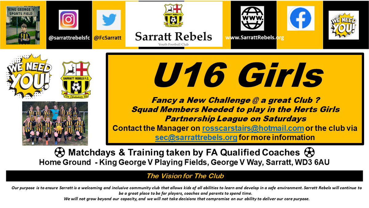 U-16 Girls ⚽️ opportunity. Our squad welcomes additional players to play in <a href="/HGFPL18/">HGFPL</a> this season. Interested? Get in touch to find out more <a href="/HertfordshireFA/">Hertfordshire FA</a> <a href="/SheCanPlayUK/">SHE CAN PLAY</a> #girlsfootball <a href="/sarrattfc/">Sarratt FC</a>
