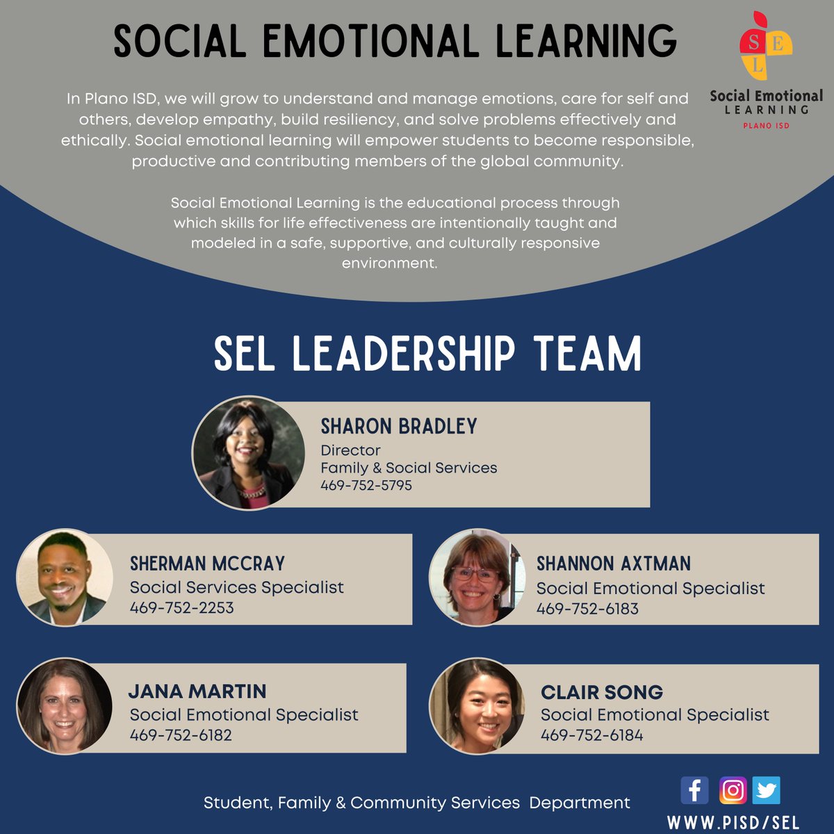 Clair Song (@mssongdotcom) on Twitter photo Meet your Social Emotional Leadership Team!
We are here to help support YOU!
<a href="/Plano_Schools/">Plano ISD</a> <a href="/PISDPTACouncil/">PlanoISD PTA Council</a> <a href="/courtneygober/">Courtney Gober</a> <a href="/PrincipalEwing/">Steven Ewing</a> <a href="/JennifeMiley/">Jennifer Miley</a> <a href="/sbradleyonfire/">Sharon Bradley</a> <a href="/MsSongDotCom/">Clair Song</a> Meet your Social Emotional Leadership Team!
We are here to help support YOU!
<a href="/Plano_Schools/">Plano ISD</a> <a href="/PISDPTACouncil/">PlanoISD PTA Council</a> <a href="/courtneygober/">Courtney Gober</a> <a href="/PrincipalEwing/">Steven Ewing</a> <a href="/JennifeMiley/">Jennifer Miley</a> <a href="/sbradleyonfire/">Sharon Bradley</a> <a href="/MsSongDotCom/">Clair Song</a>