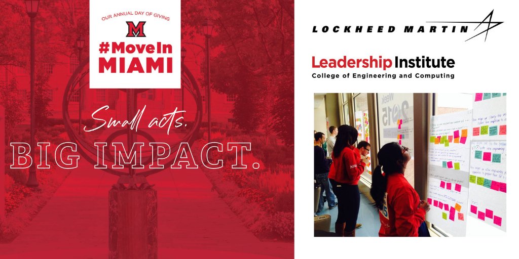 Pay it forward....
Do you believe that small acts can make a big impact? We do! Our donors make leadership development for the Leadership Institute students possible. 
DONATE HERE: miamialum.org/LMLI
#MoveInMiami <a href="/MiamiAlum/">MUAA</a> <a href="/miamiuniversity/">Miami University</a> <a href="/MUEngLdrInst/">Lilly Leadership Institute</a> <a href="/sukumaran/">Sooraj Sukumaran</a>