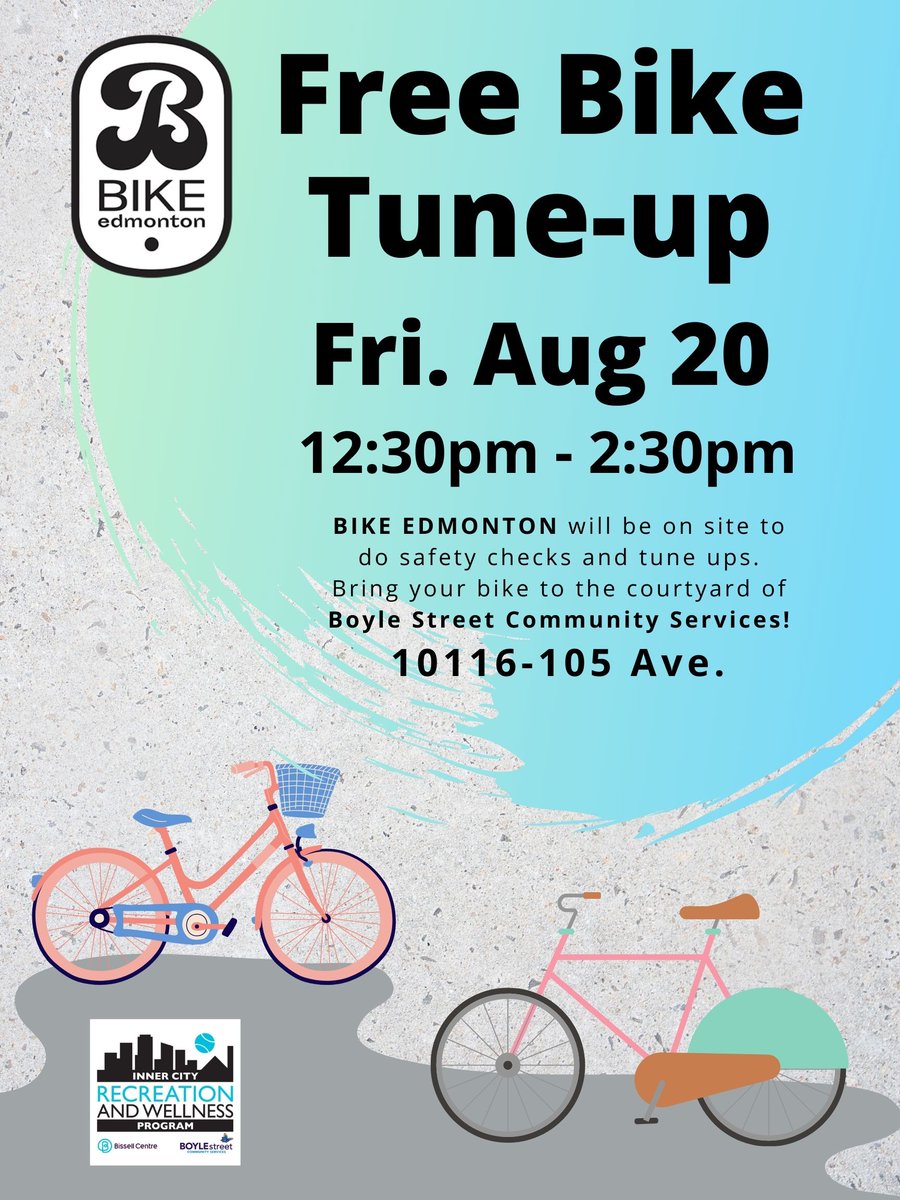 This is our last week with <a href="/bikeedmonton/">Bike Edmonton</a> Popup Event in the courtyard! Join us on Friday to get your bike up to speed. (minor repairs and safety equipment) <a href="/BoyleStreet/">Boyle Street Community Services</a>