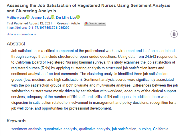 Check out MCRR's newest article, 'Assessing the Job Satisfaction of Registered Nurses Using Sentiment Analysis and Clustering Analysis', published just last week! Read it now at journals.sagepub.com/doi/full/10.11…!