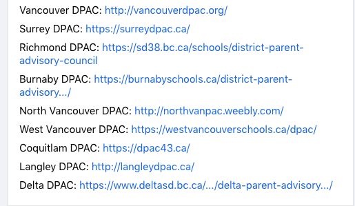LizanneFoster's tweet photo. Are you a parent concerned there won't be safety measures in place in #bced in Sept.? 
NOW is the time to contact your District Parent Advisory Council. Let them know you expect protections for unvaccinated students. 

* Parents voices count more than teachers'

Metro Van DPACs: https://t.co/ehgCeRQCDb