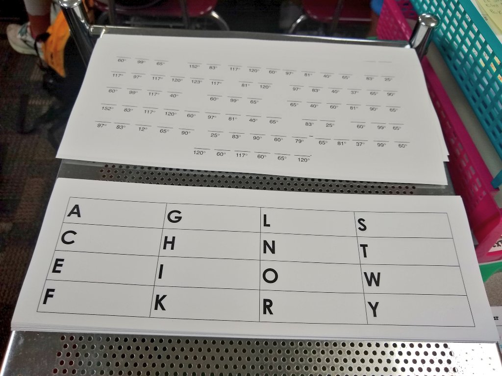 mathequalslove's tweet photo. Turned a Milliken worksheet over finding missing angles in a triangle into a group activity with dry erase pockets and a secret message to decode at the end. Excited to be getting into content in Pre-Calc even though it's just geometry review. 

#mtbos #iteachmath #teach180 https://t.co/dC9JIAOMIn
