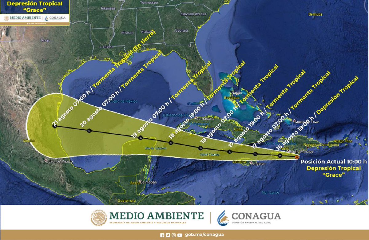 GermanMSantoyo's tweet photo. A partir del jueves, #Grace se desplazará sobre el #GolfoDeMéxico, en donde se  intensificará a #Huracán, impactando por el centro-norte de #Veracruz y #Tamaulipas el sábado 21 de agosto https://t.co/OaenJT7QN2