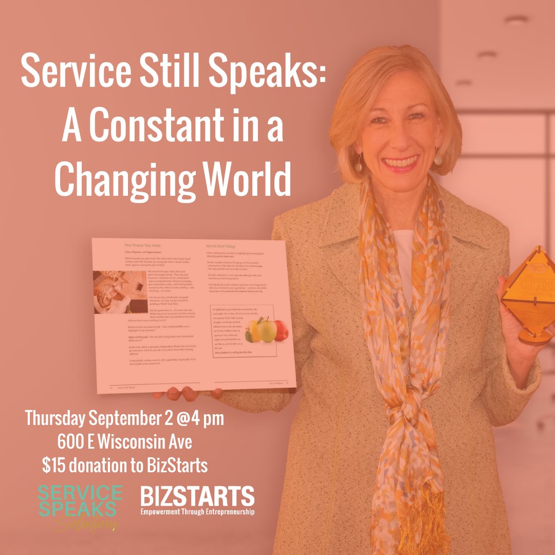 Sign up now for BizStart's Service Still Speaks event on Thursday, September 2 at 4:00PM with Stephanie Leese Emrich, Founder + CEO of ServiceSpeaks Solutions. Click the link below to learn more about the event and register.

 ow.ly/fXn350FS1nU
