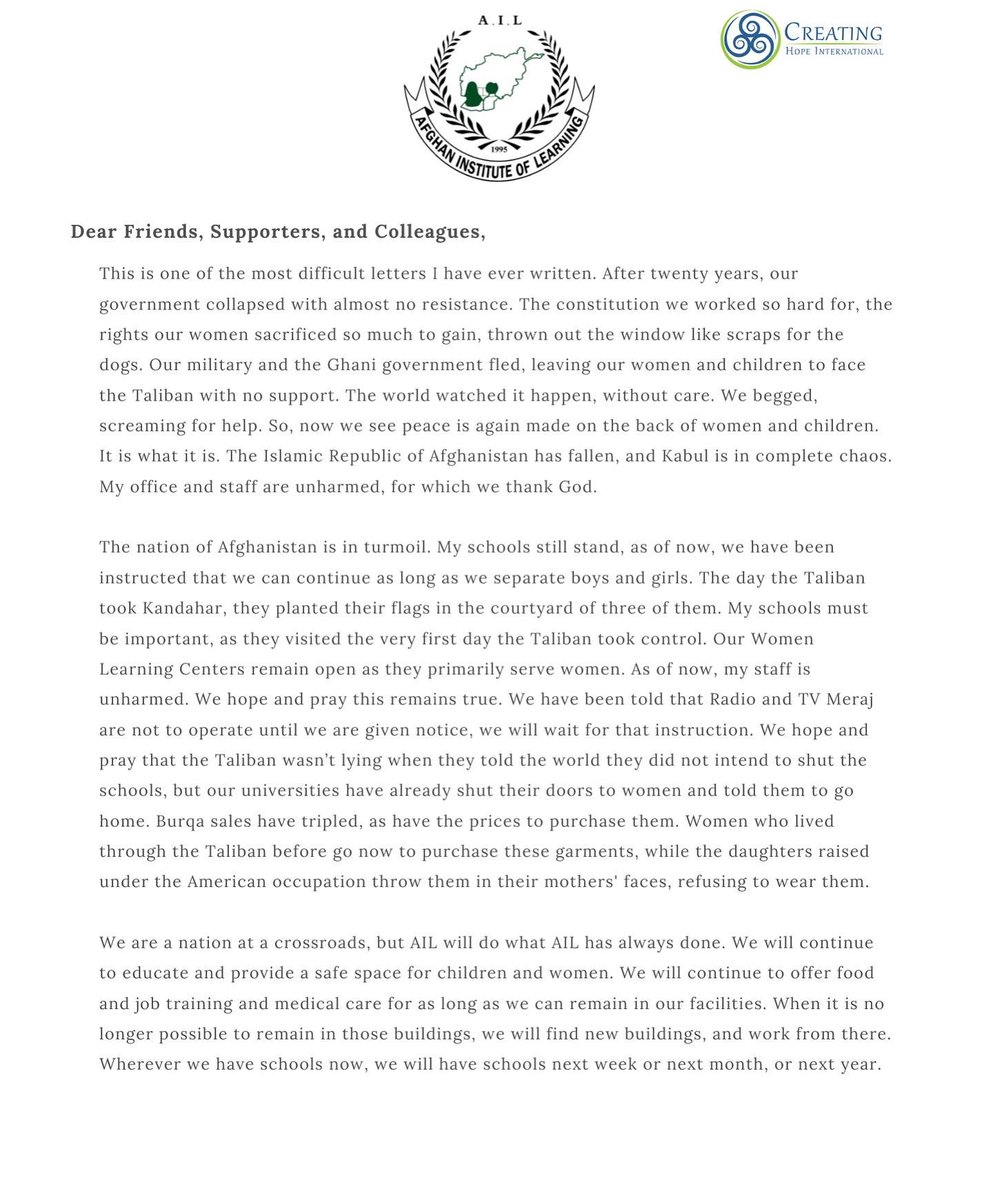 AIL_ngo's tweet image. Message from Dr. @SakenaYacoobi &amp;amp; what you can do to help #Afghanistan