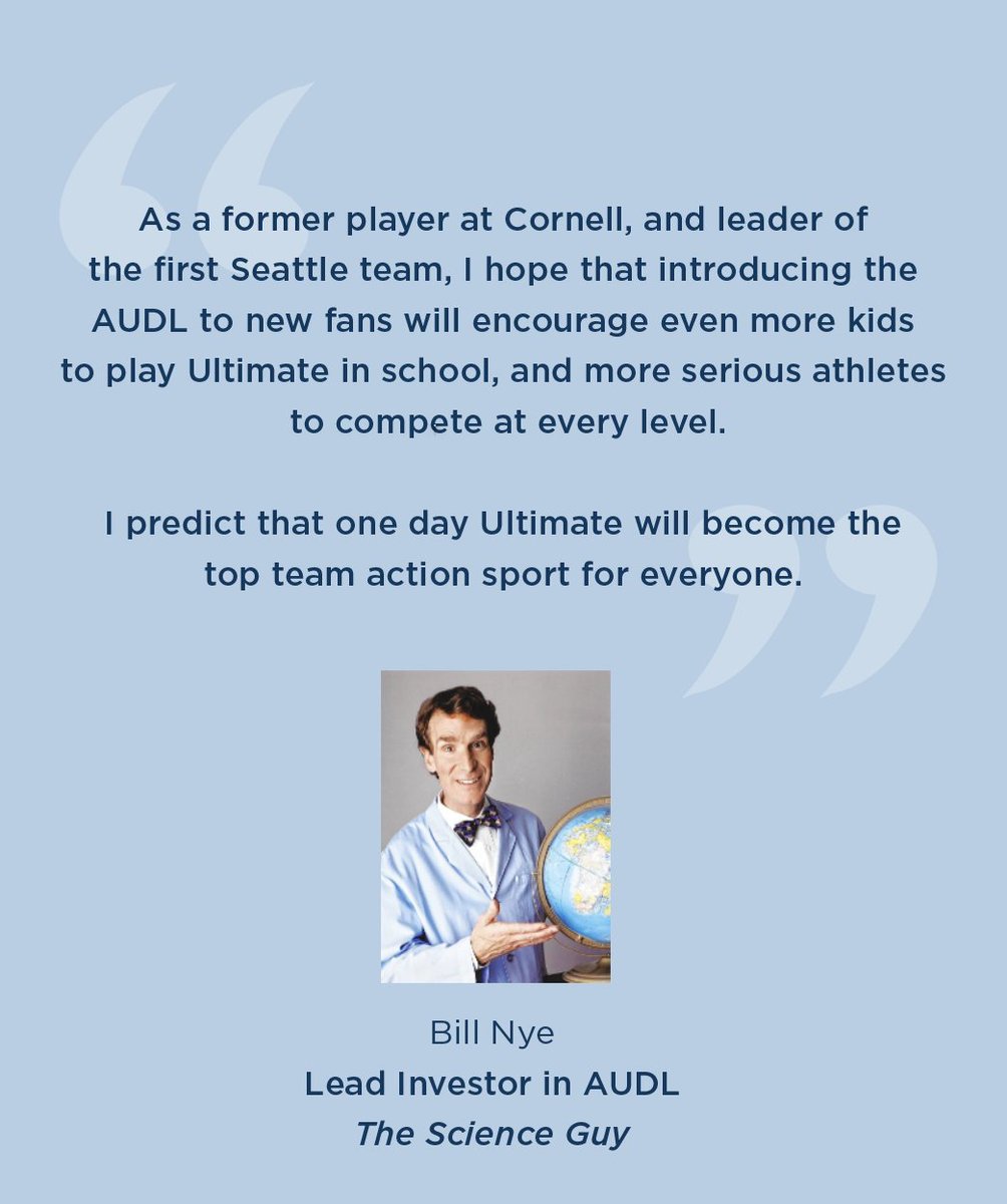 Wefunder's tweet photo. Bill Nye: The Science (&amp; Wefunder Lead Investor in @theAUDL) guy!

That’s right. THE one and only @BillNye happens to be a huge Ultimate fan &amp; lead the Wefunder round for @theaudl! They ended up raising ~$550K from 675 superfans turned investors 🤸🏻‍♀️ https://t.co/2lgrx4kAsk
