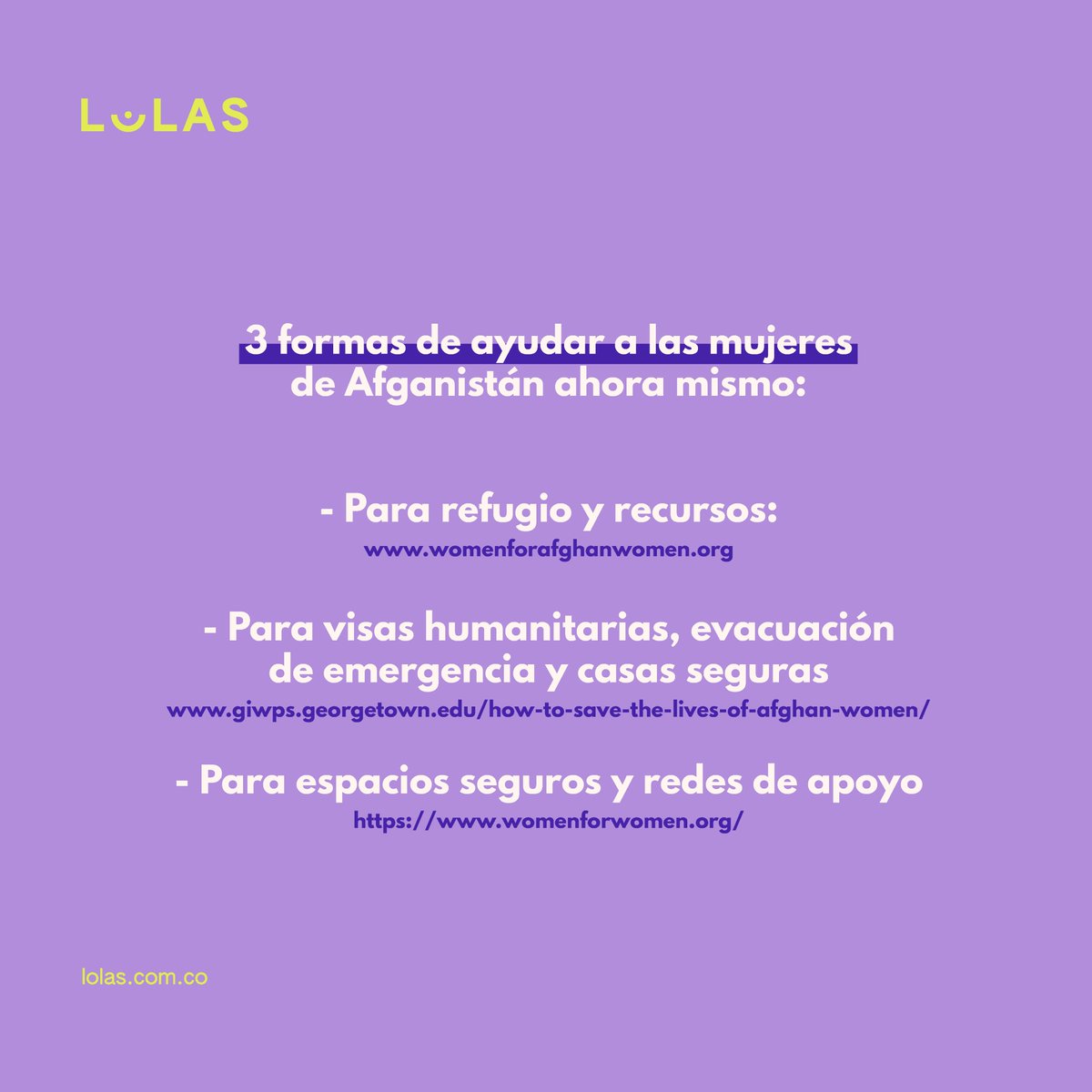 lolas_lat's tweet photo. Comparte esta información, infórmate y, en lo posible, dona a estas organizaciones: @WomenforWomen @WAWHumanRights @giwps https://t.co/5S6UxNDYSV