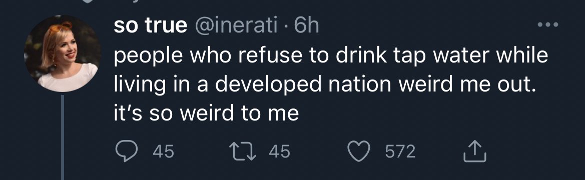 tap water coming straight out of the facility is typically fine, but the pipes carrying that water will only be good if you live in a wealthy city in a well-maintained building. some of y’all have never lived in under-resourced, majority poor communities and it shows lmao