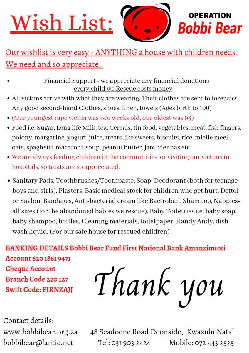 One of the most amazing NGOs I know is on the brink of closure.

The KZN looting &amp; arson was the final straw, and their regular donors are unable to assist.

🐻 Bobbi Bear provides comfort and hope for children during their darkest hours, after rape or abuse.

Please help! 🌈