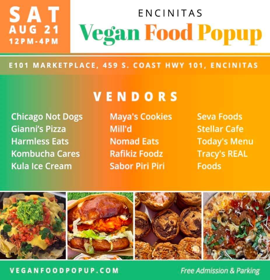 DxE San Diego will be at the Vegan Food Popup in Encinitas on Saturday 12 - 4pm to eat vegan food and chat about animal rights post-protests on Saturday. Msg to join protests. Come hungry for the Popup!