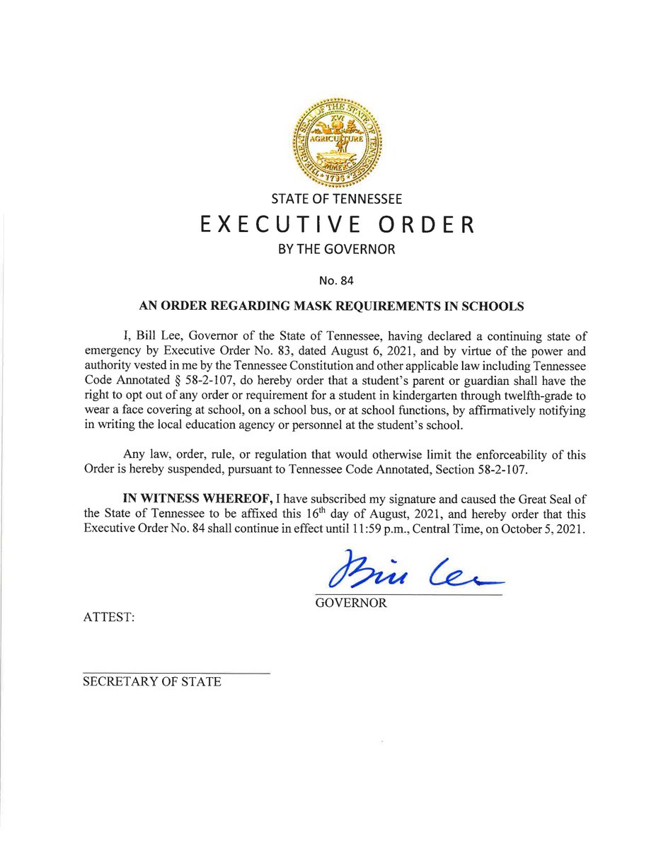 GovBillLee's tweet image. No one cares more about the health &amp;amp; well-being of a child than a parent. 

I am signing an EO today that allows parents to opt their children out of a school mask mandate if either a school board or health board enacts one over a district.