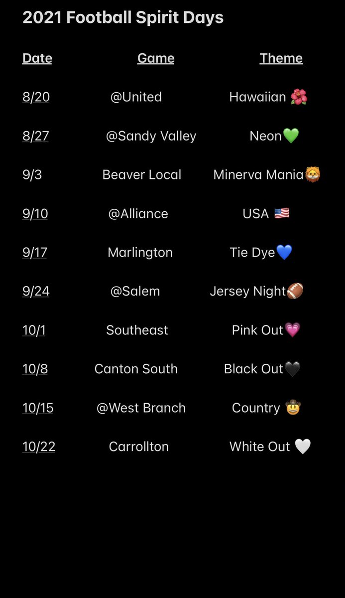 Here are the spirit days for this years football season! We’re starting it off this Friday at United. Make sure you wear your Hawaiian to school and the game! Let’s make up for last year’s limited student section by making this year’s a good one! ❤️