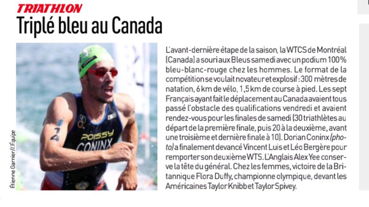 Le journal @lequipe revient sur la victoire de @dorianconinxtri et l’incroyable triplé des 🇫🇷 lors de l’étape de #WTCSMontreal