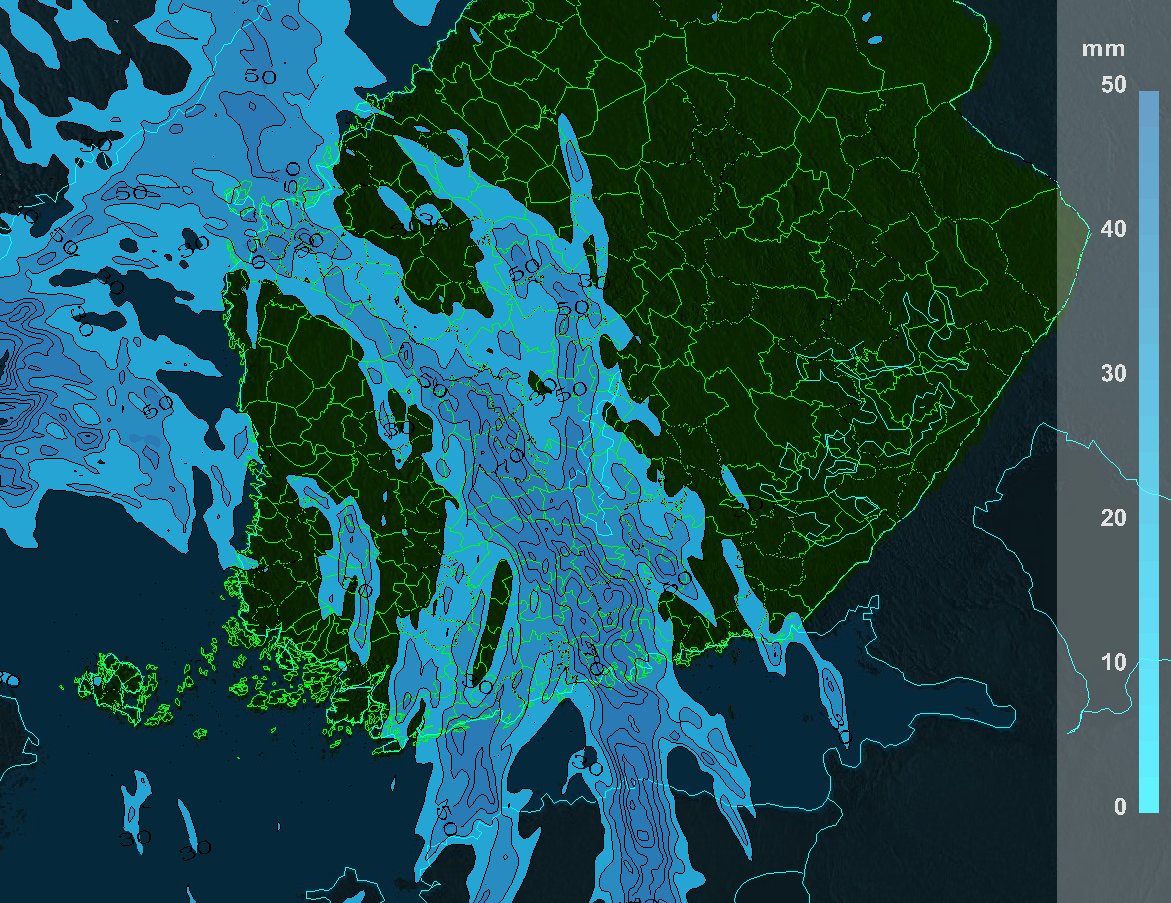 #Huomenta - Seuraavan kahden vuorokauden aikana sataa paljon. Maan keskivaiheilla vettä voi tulla 50-70 mm. Myös tuulet voimistuvat varsinkin etelässä ja länsirannikolla.