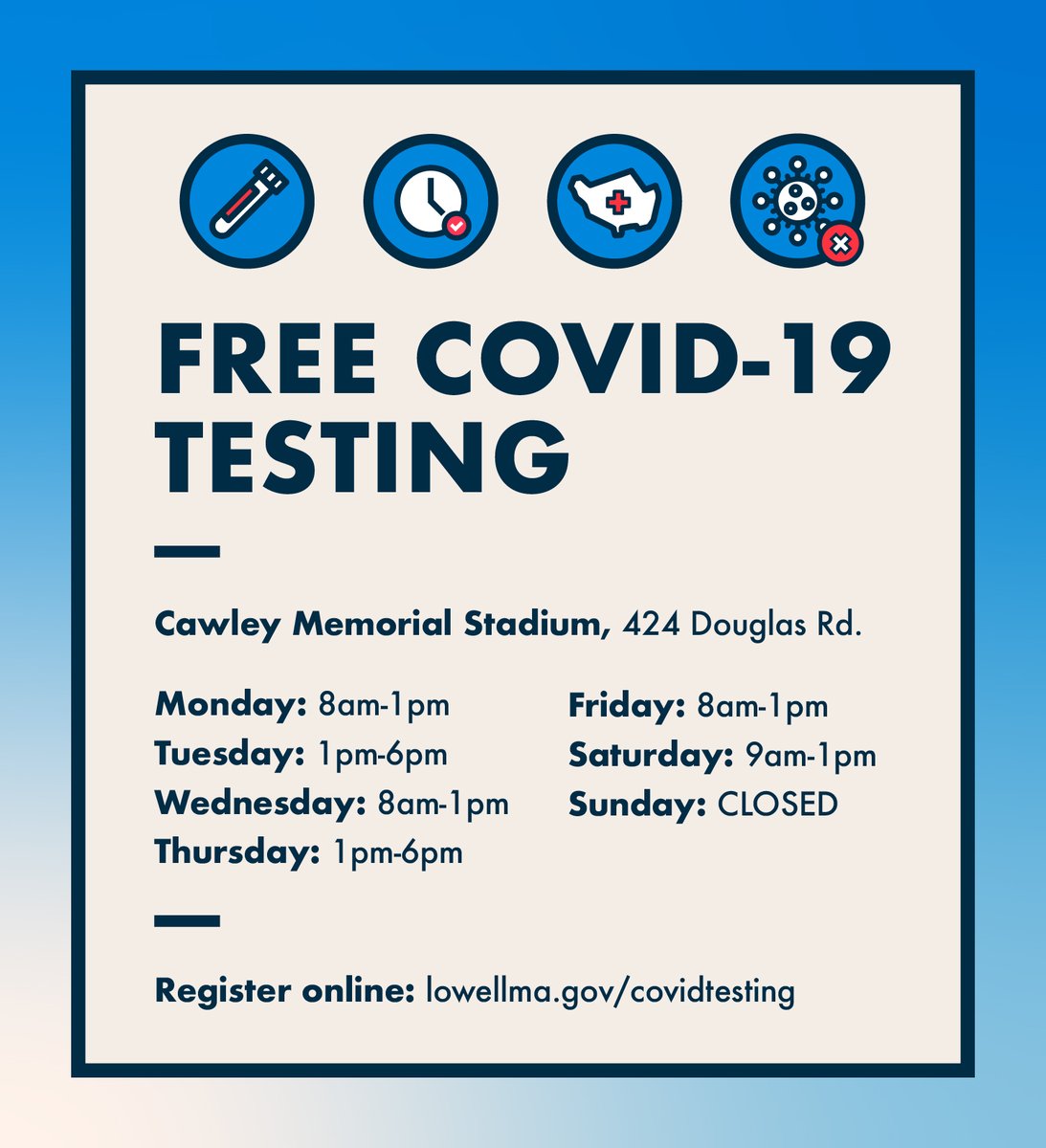 New cases of COVID-19 are on the rise in Lowell. If you are experiencing symptoms, you should get a test. Free testing is available 6 days a week at Cawley Memorial Stadium. Make an appointment online at: lowellma.gov/covidtesting