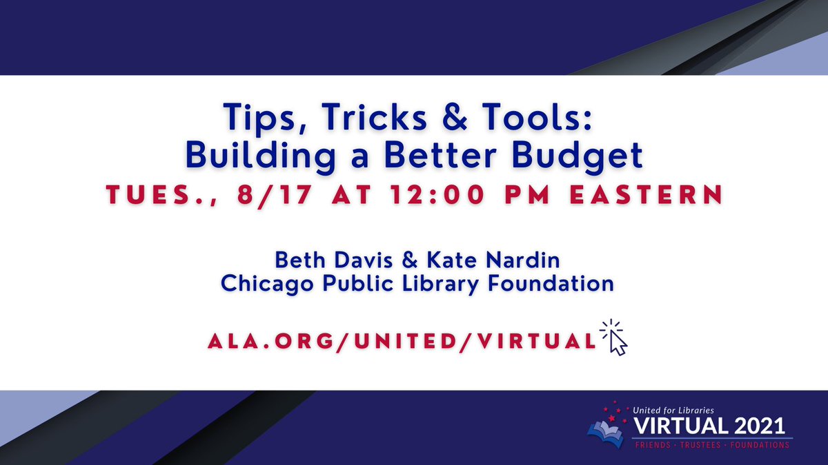 ala_united's tweet photo. #UnitedVirtual21 begins tomorrow! Join us for this session on budgeting at noon ET with @CPLFoundation's Beth Davis & Kate Nardin. https://t.co/VVqORRbdel
Special thanks to @DataAxle for sponsoring all of Tuesday's sessions.
#libraryfoundations #librarytrustees #libraryfriends https://t.co/eQj7XC85Or