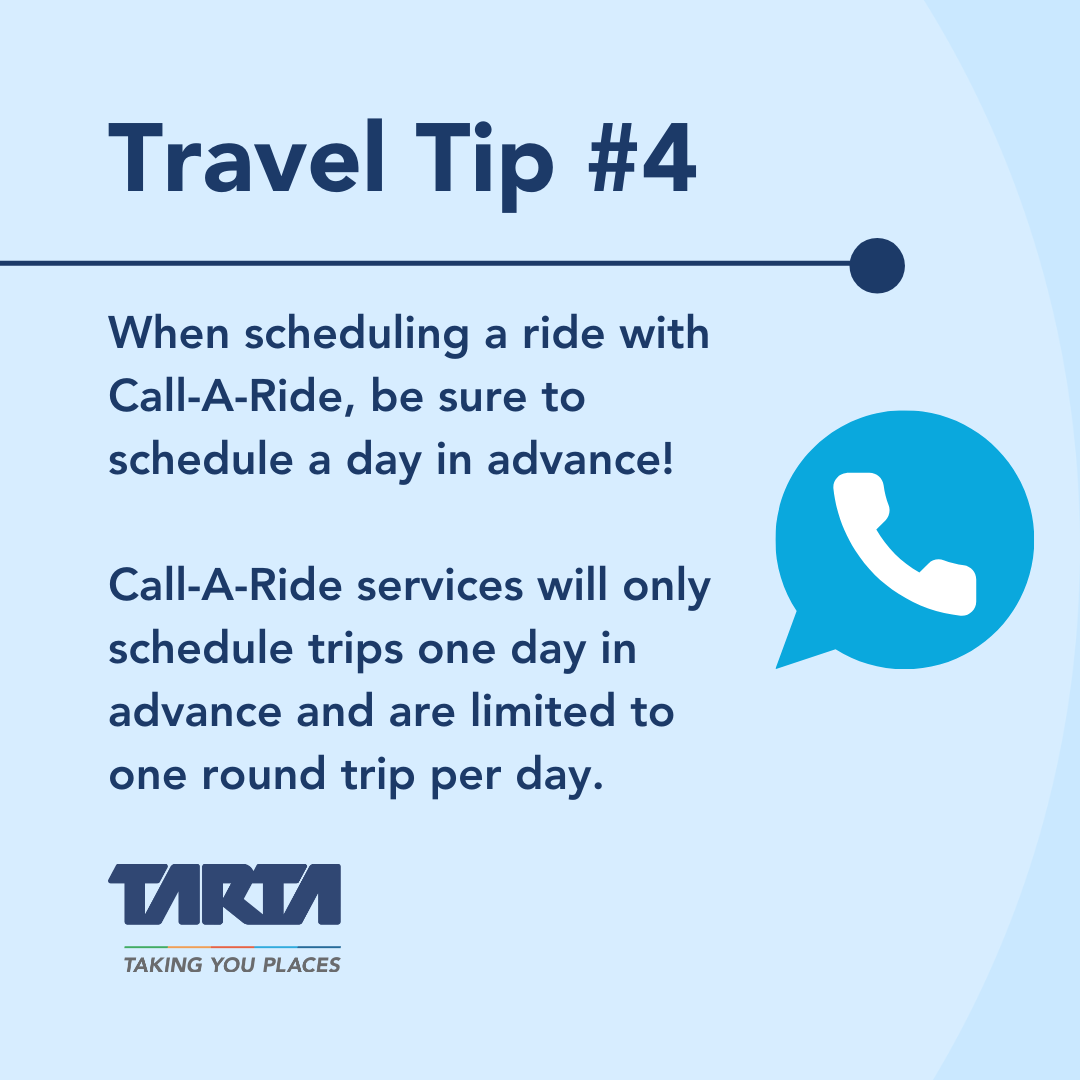TARTA_Toledo's tweet photo. Ready to ride TARTA's #CallARide service? Due to the high demand for Call-A-Ride service in our local communities, we encourage passengers to schedule trips a day in advance to ensure an efficient and safe riding experience. #TravelTip #TARTA #TakingYouPlaces https://t.co/0TmfOsclaW