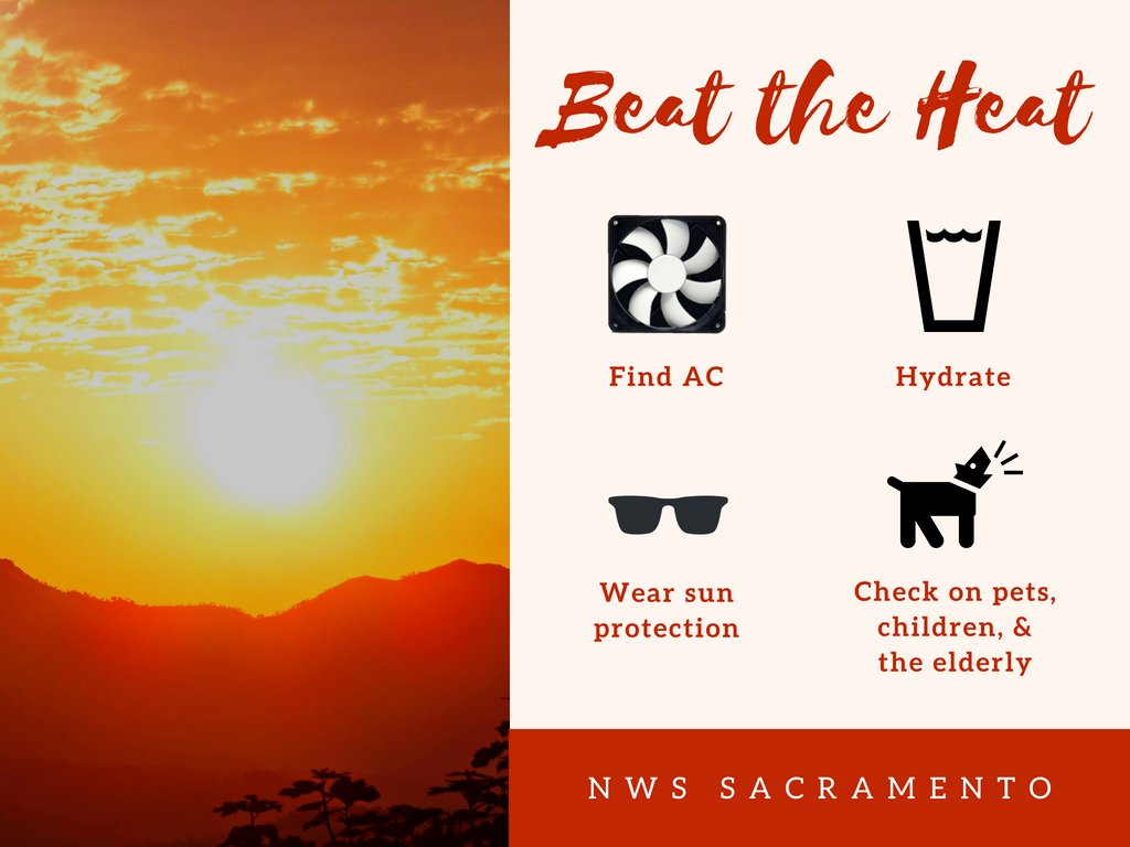 Beat the heat this afternoon by following these tips:

🏠Find air conditioning indoors
🥤Drink water
🧴Wear sun protection
👶Check on children, pets, &amp; the elderly

#CAwx