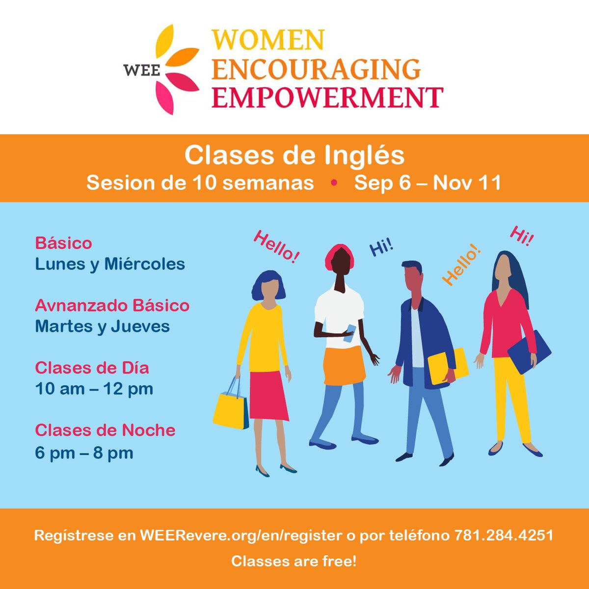 Regístrese ahora para las clases de inglés en Revere. Clases son gratis! Las clases comienzan la primera semana de septiembre. Regístrese en WEERevere.org o por teléfono 781-284-4251. #clasesdeingles #esolclasses #reverema