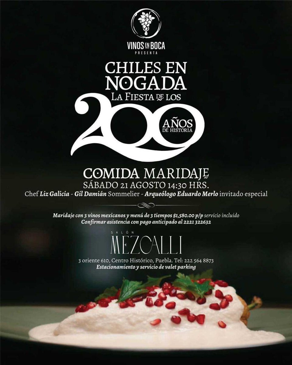 La fiesta de los 200 años por la leyenda del #ChileEnNogada sigue en Puebla y ahora la chef, <a href="/liz_galicia/">liz galicia</a> hace una interesante mancuerna con el sommelier <a href="/gildamian/">gil damian</a> y el Arqueólogo Eduardo Merlo en #SalónMezcalli (Ubicado en Calle 3 Oriente, Centro Histórico de Puebla).