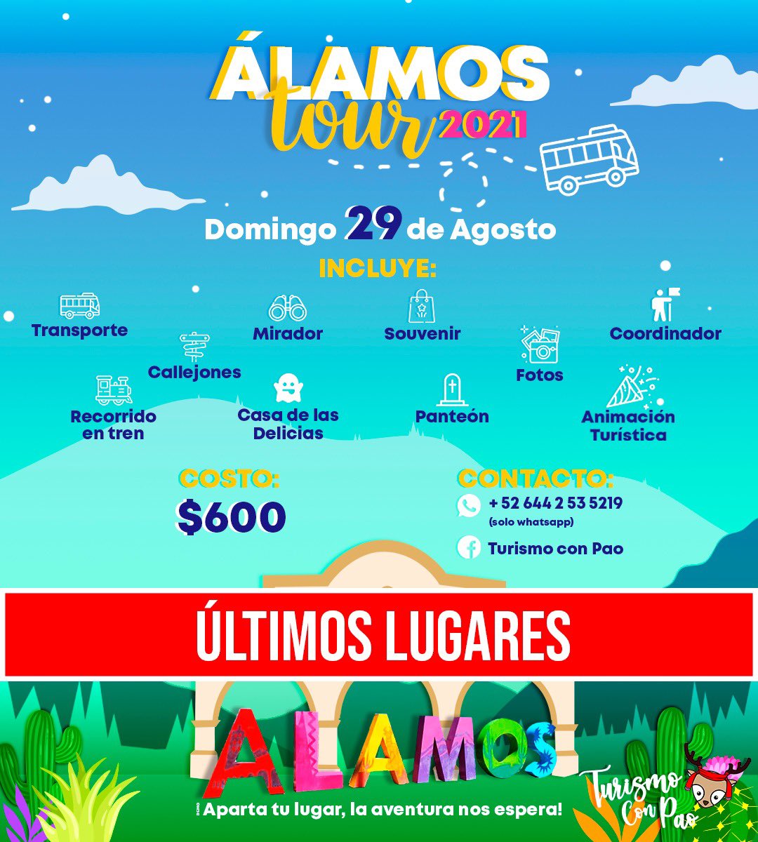 turismoconpao's tweet photo. 🟡 ¡Amigos qué emoción! Nos quedan los ÚLTIMOS LUGARES para aventurarnos en el Pueblo Mágico de Álamos. 🎉

📅 ¿Cuándo?
Domingo 29 de Agosto de 2021.

🎒 ¡Reserva ya!
Mándanos WhatsApp y con mucho gusto te atendemos. 👍 
Enlace directo👇
https://t.co/39JSpfOe07

 #álamos #Sonora https://t.co/scnelKHtvS