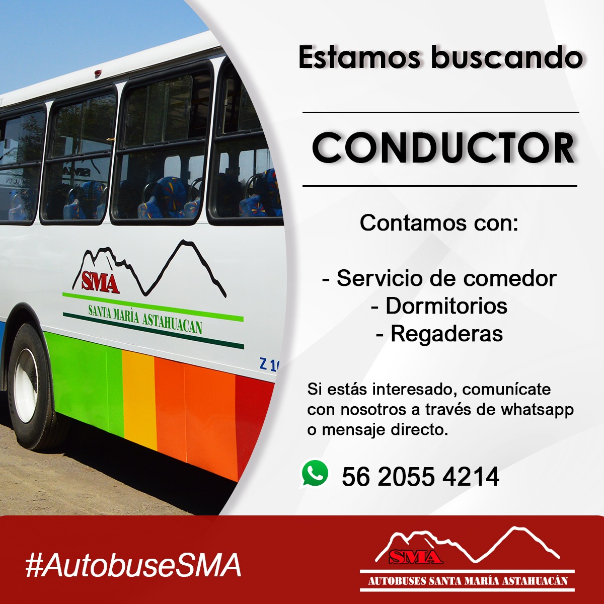 AutobuseSMA's tweet photo. Vives en Zona Chalco, Tlaxcala, Puebla y cercanos? Estamos contratando, envía un mensaje vía messenger o WhatsApp para mayor información #Chalco #AutobuseSMA #Empleo https://t.co/T9wA3Zn3zY