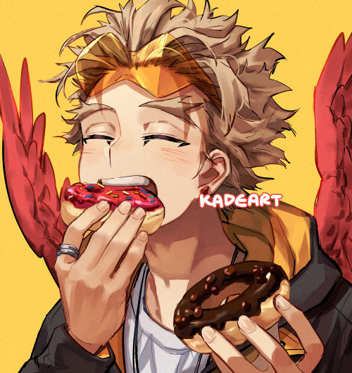 hawks (boku no hero academia) 1boy male focus food eating doughnut wings blonde hair  illustration images