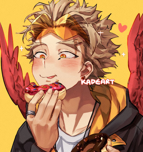 hawks (boku no hero academia) 1boy male focus food eating doughnut wings blonde hair  illustration images