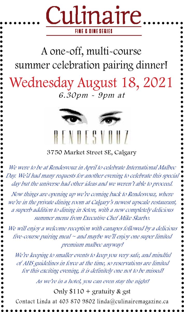 Still a few seats left, join us for a one off, multi course summer celebration pairing dinner! <a href="/RendesvouzYYC/">Rendesvouz</a> <a href="/vineanddine/">Linda Garson</a> #vineanddine #yyceats #yycnow #foodandwine
