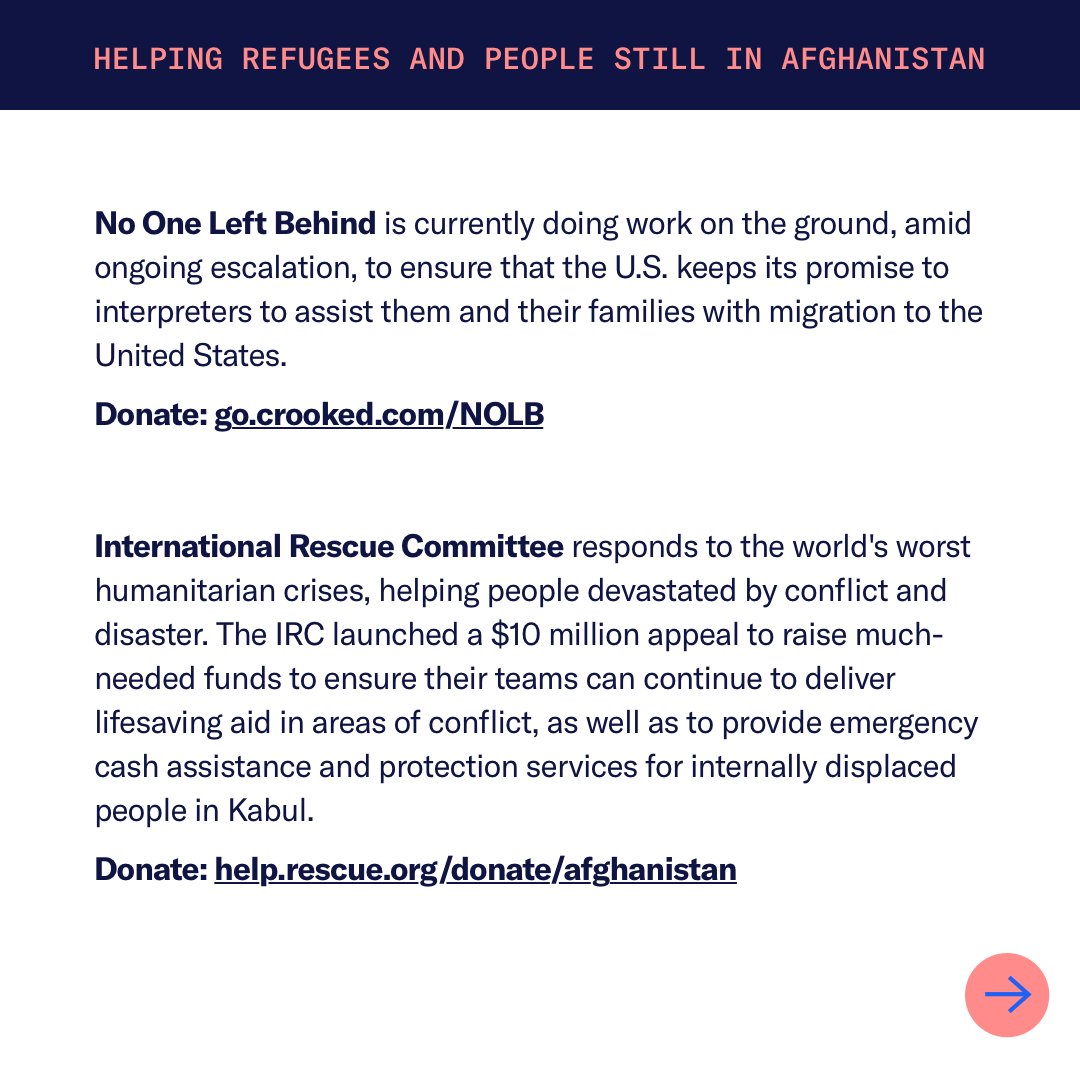 CrookedMedia's tweet photo. Here are some organizations doing important on the ground work to provide aid to the people of Afghanistan. Please support them if you are able.

@n1leftbehind: https://t.co/EASdUZKtQp

@RESCUEorg: https://t.co/3nBtoUTiaK 

1/2 https://t.co/OHmOyuNxHd