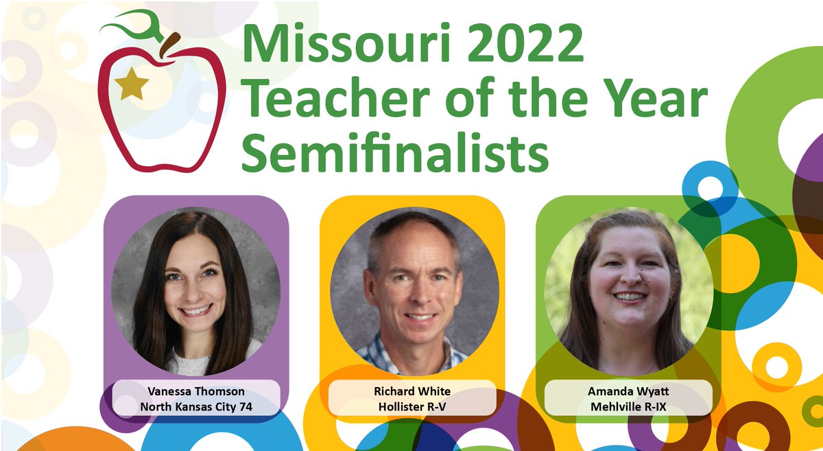 Congratulations to these 2022 Missouri Teacher of the Year Semi-finalists!
• Vanessa Thomson, North Kansas City 74 — Elementary
• Richard White, Hollister R-V — Chemistry
• Amanda Wyatt, Mehlville R-IX — English Learner Specialist
#ShowMeSuccess #MoTOY
