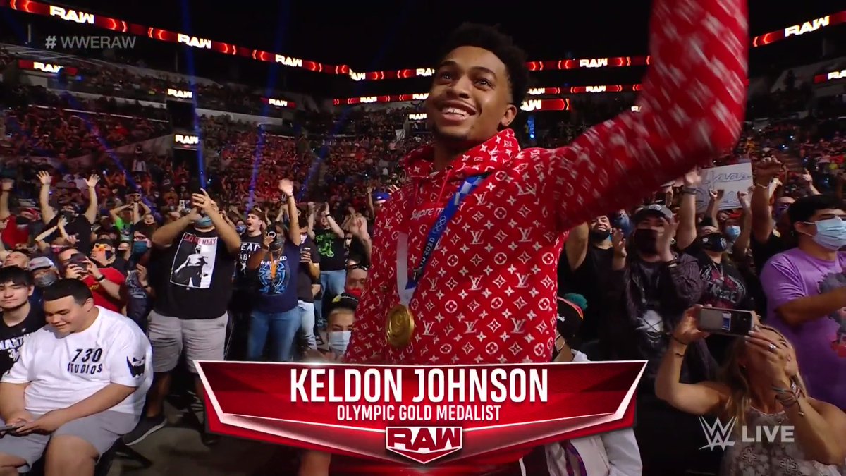 RT @WWE: Olympic Gold Medalist Keldon Johnson is in attendance for #WWERaw tonight in SAN ANTONIO!

@spurs https://t.co/vdZ7XWOSVb