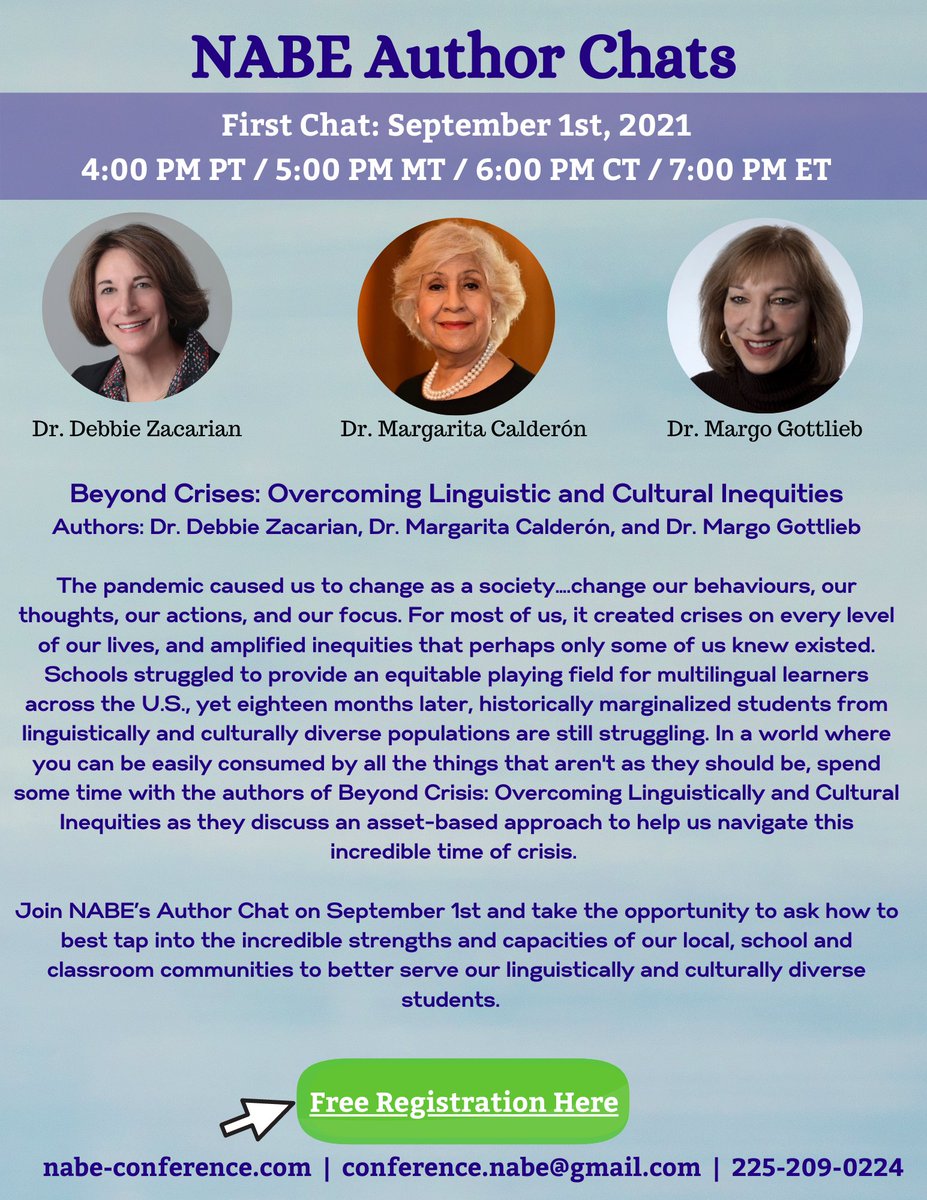 Sandra Medrano-Arroyo (@sarroyo529) on Twitter photo Save the date - NABE Author Chats begin 9/1 ! Join me each month while I chat w/some of our favorite authors. Ask questions, get book previews, or share how their book is impacting your BtS efforts! #equity #culturaldiversity #linguisticdiversity <a href="/NABEorg/">NABE- National Association for Bilingual Education</a> us02web.zoom.us/webinar/regist… Save the date - NABE Author Chats begin 9/1 ! Join me each month while I chat w/some of our favorite authors. Ask questions, get book previews, or share how their book is impacting your BtS efforts! #equity #culturaldiversity #linguisticdiversity <a href="/NABEorg/">NABE- National Association for Bilingual Education</a> us02web.zoom.us/webinar/regist…