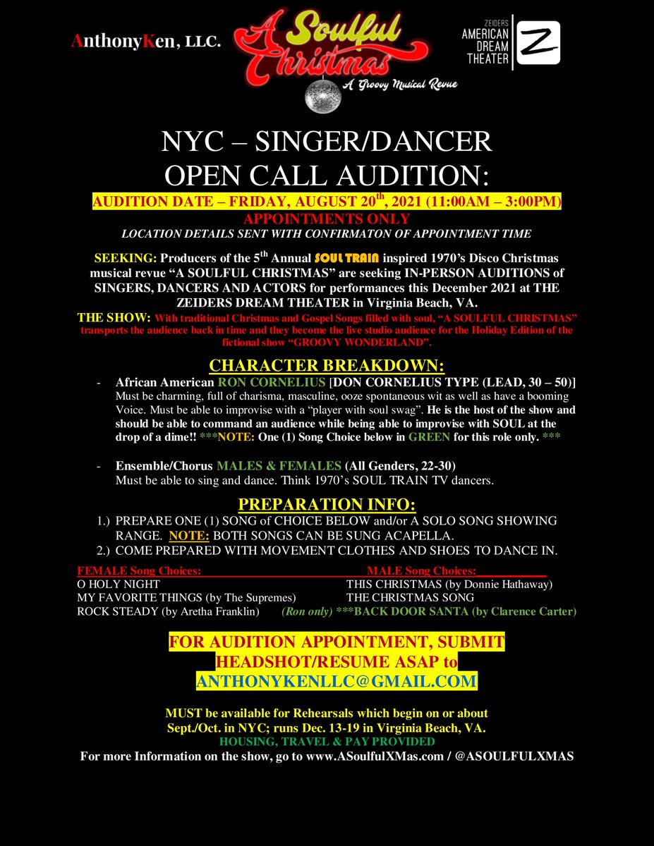 PLS RT. AUDITION this FRIDAY (11a - 3p)! SEEKING DANCERS &amp; SINGERS IN NYC FOR HOLIDAY SHOW IN VIRGINIA THIS DEC. <a href="/ASOULFULXMAS/">A SOULFUL CHRISTMAS: A GROOVY MUSICAL REVUE</a> CLICK HERE: playbill.com/job/1970s-show…
