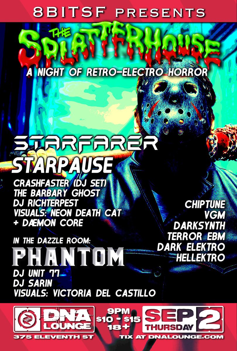We told ya there might be updates to the lineup, and we weren't kidding.

We're super stoked to share that <a href="/starfarermusic/">Starfarer®</a>, who started making space-themed synthwave music in 2017, is joining us 9/2 for Splatterhouse at <a href="/dnalounge/">DNA Lounge</a>

Tix: bit.ly/3xq3PCe
$10 Adv, $15 Door