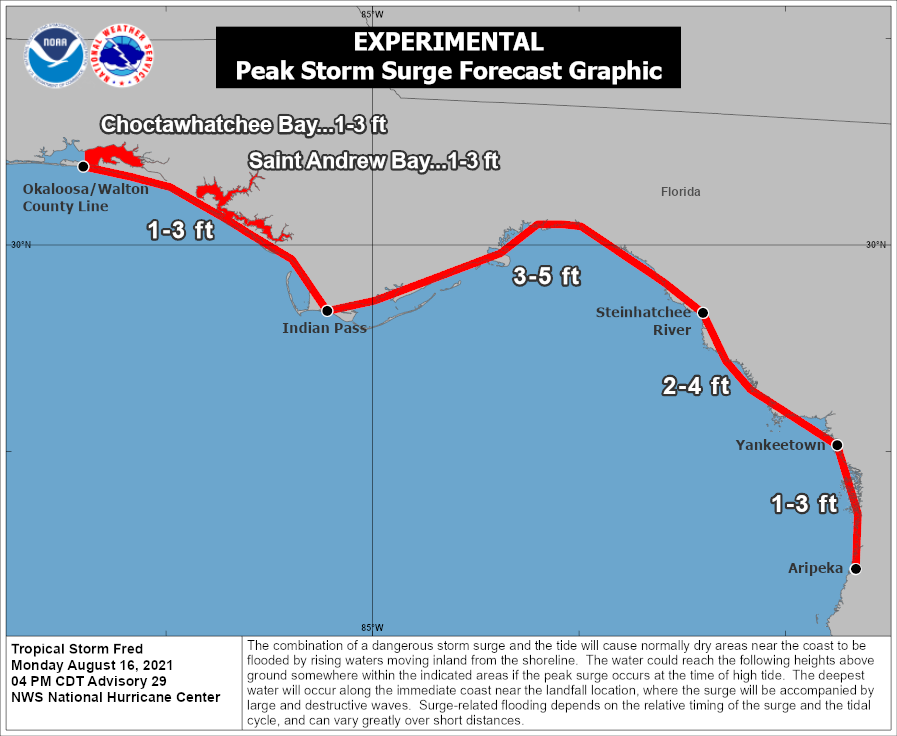 NHC_Atlantic's tweet photo. Although #Fred has made landfall, a dangerous storm surge continues along portions of the coast of the Florida Panhandle and the Florida Big Bend. A Storm Surge Warning remains in effect along the coast of Florida from Indian Pass to Yankeetown. https://t.co/tW4KeGdBFb https://t.co/3DWADq9Nsu