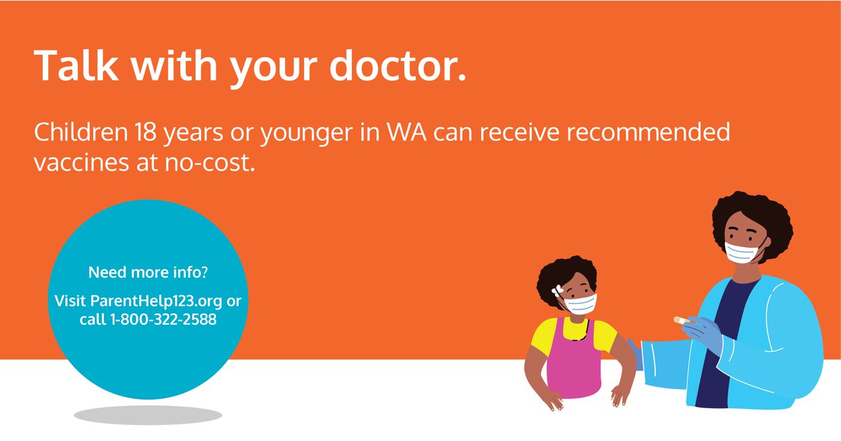 WithinReachWA's tweet image. All WA children, 18 years or younger, can receive recommended vaccines at no-cost, and children ages 12 and older can also get the COVID-19 vaccine. #CallYourPediatrician #CallYourProvider today!