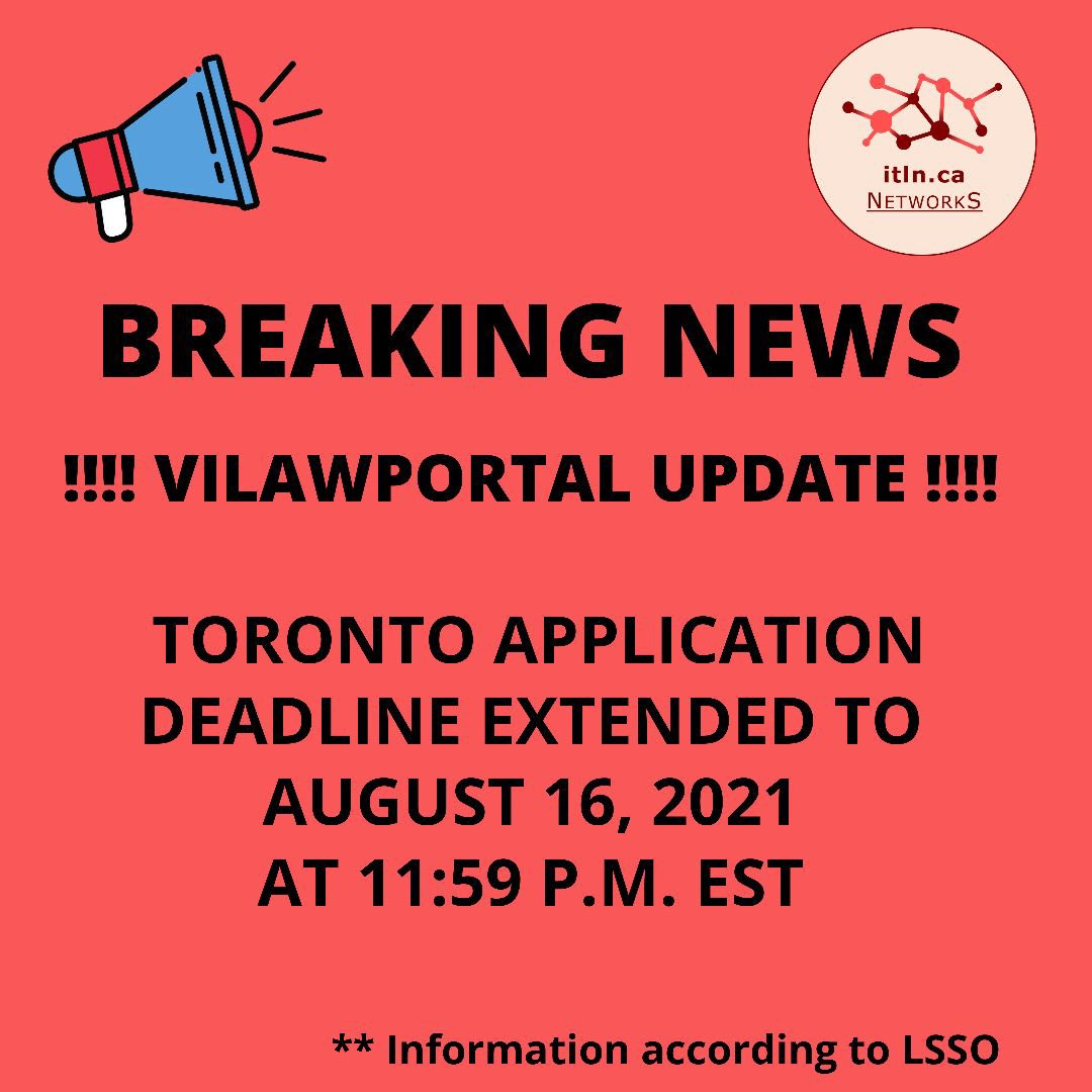 itlnca NetworkS (@itlnca) on Twitter photo ‼️‼️viLawPortal Update‼️‼️
Due to viLawPortal issues, Toronto application deadline extended to August 16, 2021 at 11:59 pm EST
** Information according to <a href="/LSSOnt/">The LSSO | La SÉÉDO</a> ‼️‼️viLawPortal Update‼️‼️
Due to viLawPortal issues, Toronto application deadline extended to August 16, 2021 at 11:59 pm EST
** Information according to <a href="/LSSOnt/">The LSSO | La SÉÉDO</a>