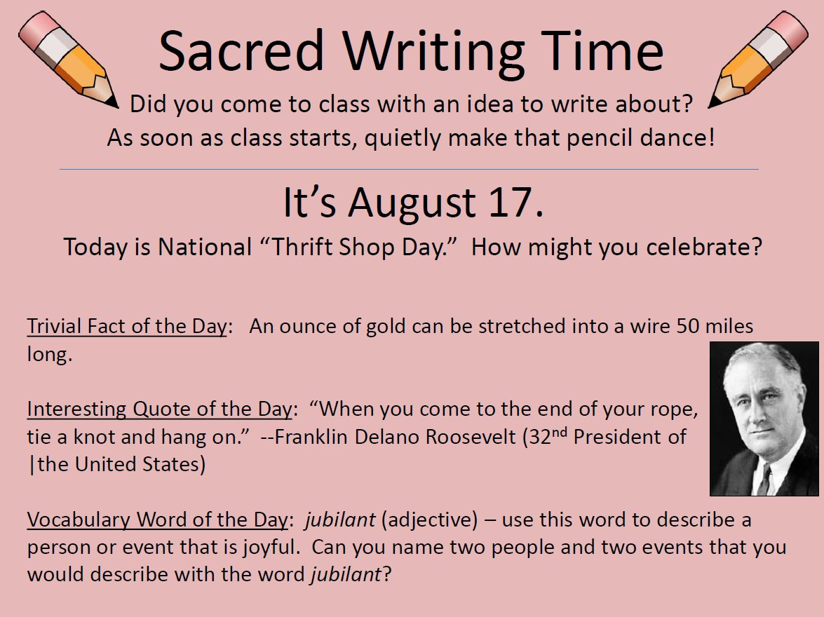 WritingFix's tweet image. #Teachers -- write EVERY day this year, even if it's but ten minutes of SWT. 30 FREE slides for Sacred Writing Time to try THIS MONTH: teacherspayteachers.com/Product/For-Wr…  Please share with your #teaching friends. #Thriftshopday