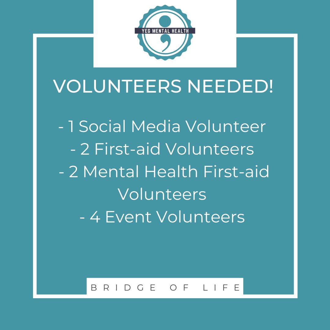 We're looking for some volunteers to assist us with the 6th Annual Bridge of Life. Email us at yegmentalhealth@gmail.com with your name, which volunteer position you would like, and any previous experience you have. (If you have first-aid please send us your certification!)