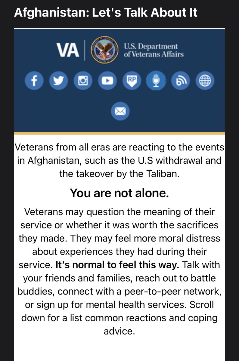 jefftparrott's tweet image. "You are not alone." 
Helluva an email from @DeptVetAffairs telling veterans it's ok to be stressing out about the Taliban capture of Afghanistan. Email includes a LONG list of mental health  services for veterans, to include the Veterans Crisis Line.
veteranscrisisline.net