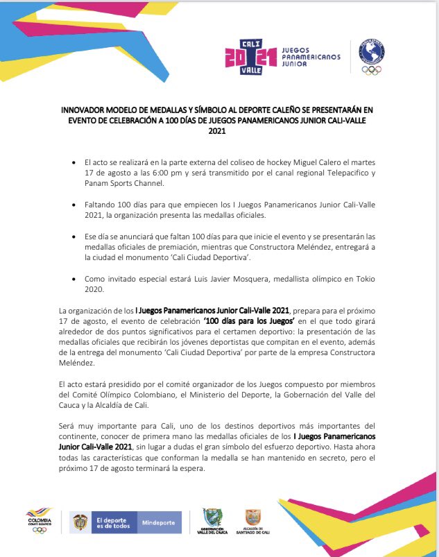 Debatestv's tweet photo. Este martes 17 de agosto, a cien días de los 1ros Juegos Panamericanos Junior, Cali-Valle 2021, se presentarán las medallas oficiales que recibirán los deportistas; además Constructora Meléndez entregará el Monumento “Cali Ciudad Deportiva” @IvettPiedrahita  @CaliValle2021 https://t.co/eAhDGGXdhC