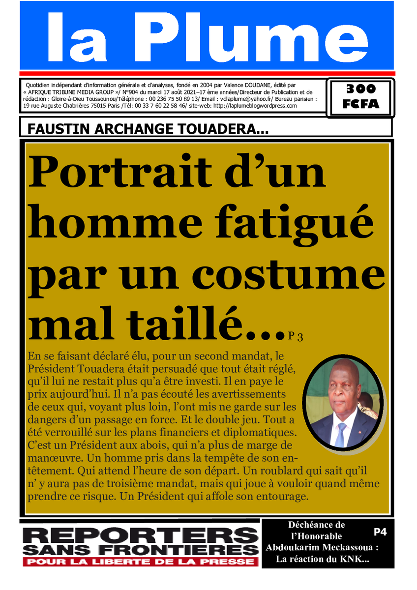 CiBaroud's tweet photo. La Une du journal "la Plume" N°904 du mardi 17 août  2021... https://t.co/kLs36t2nQy