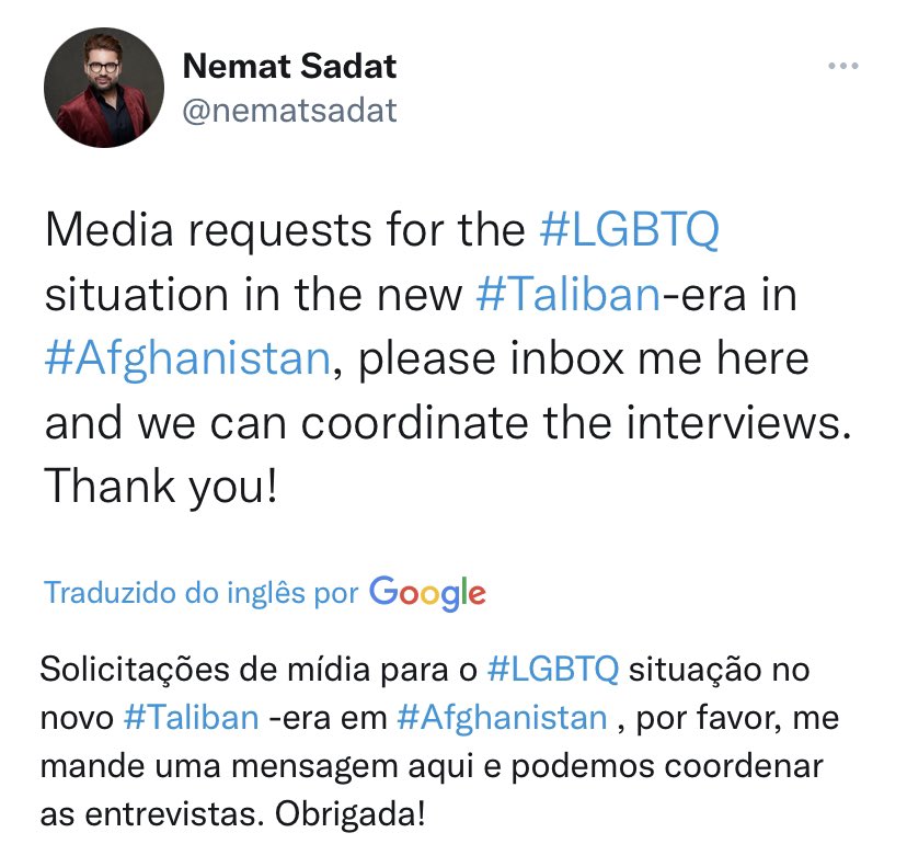 Tdetravesti's tweet photo. 🔴ATENÇÃO 

Nemat Sadat é escritor, ativista e uma das primeiras pessoas a se identificar como gay no Afeganistão, onde ser LGBT é CRIME. 

Sadat está pedindo ajuda da imprensa para falar sobre a situação das pessoas LGBTs afegãs. Por favor, compartilhem! https://t.co/h6XRfm82bd