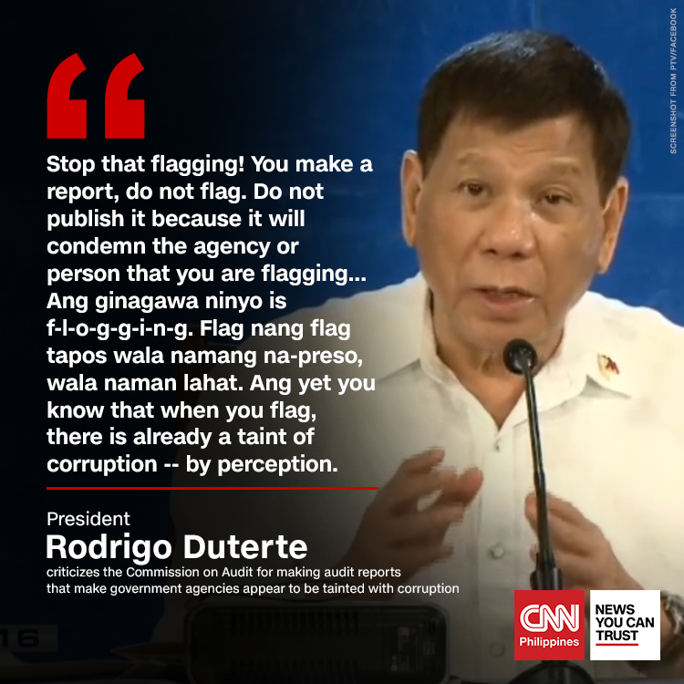 newswatchplusph's tweet image. President Rodrigo Duterte urges the Commission on Audit to stop making audit reports that only make government agencies appear to be tainted with corruption. 

Read more: bit.ly/2VWPn7N