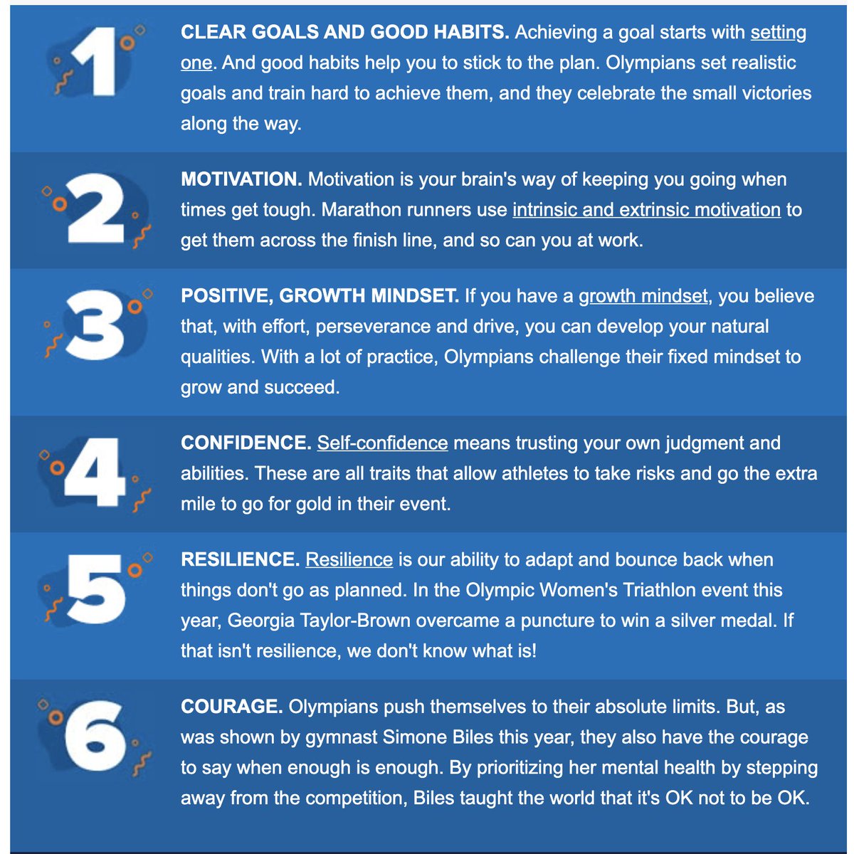 Yogeshbhat17's tweet photo. 6 Lessons From Olympics. Elite athletes have to train not only their bodies to perform but also their minds. At Olympics, athletes have to overcome obstacles to get to the podium with resilience &amp; mental toughness. And, in life, we have a lot to learn from them. Source Mindtools https://t.co/wtjOcTIcHi